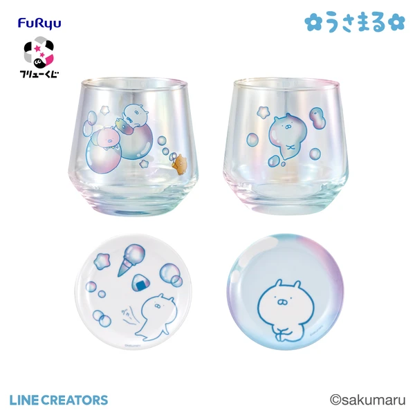 泡泡主題 兔丸 玻璃杯約9cm／圓盤約8cm